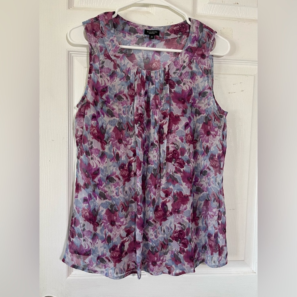 Talbots Silk 100% Pink and Purple Floral Sleeveless Blouse Sz 10